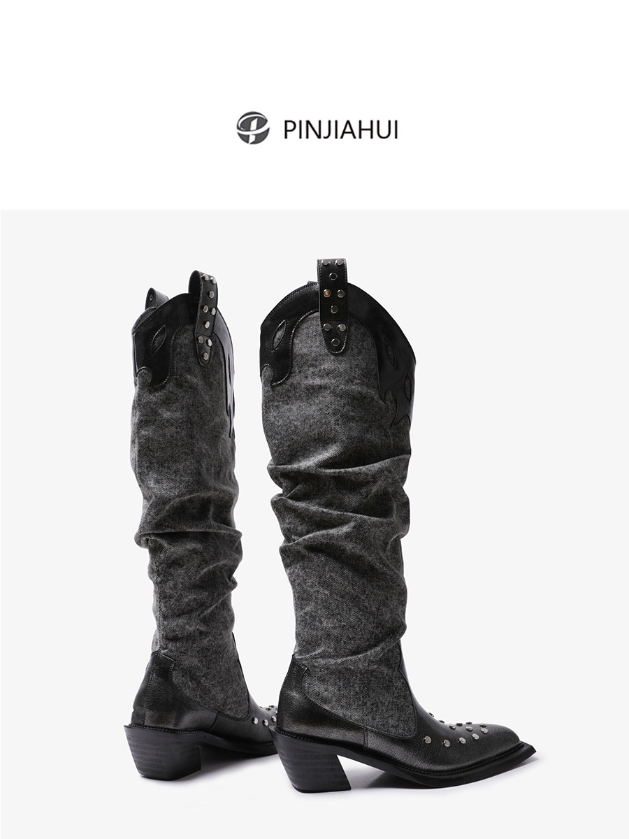 핫 스탬프 가죽 세척 카우보이 부츠 슬리밍 복고풍 포인티드 리벳 창고 부츠 웨스턴 무릎 높이 두꺼운 힐 부츠