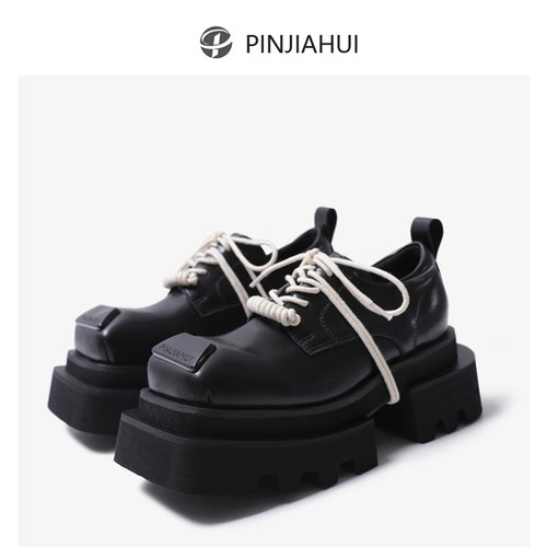厚底小皮鞋真皮方头系带德比鞋