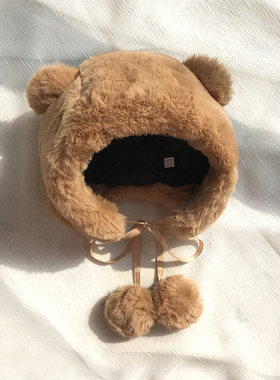 卖萌熊耳朵毛绒护耳软妹保暖帽子