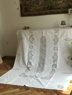 [2020.7]出口英国手工古董绣片白色相拼花瓶玻璃纱桌布台布盖布