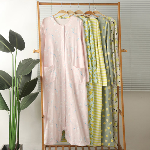 女纯棉长袖长款家居服睡裙睡袍春