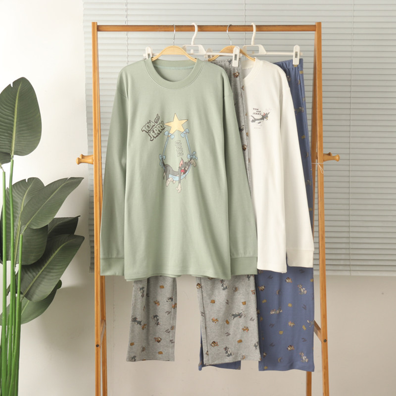 软~外贸男女加厚纯棉棉毛圆领长袖长裤睡衣家居服套装秋冬保暖