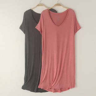 外贸女士薄款莫代尔棉V领短袖家居裙睡裙裙子凉快透气夏