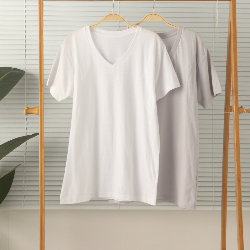 男纯棉V领圆领带汗垫短袖T恤衫夏