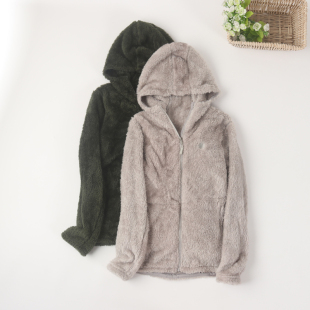 外贸女士珊瑚绒长毛绒带帽款外套家居服睡衣单上衣可外穿保暖秋冬