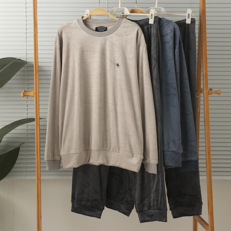 外贸男超柔宝宝绒薄绒圆领长袖长裤带口袋家居服睡衣套装秋冬保暖