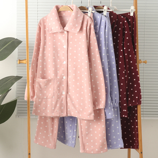 睡衣家居服保暖秋冬大码 外贸女摇粒绒抓绒立领护颈开身长袖 长裤