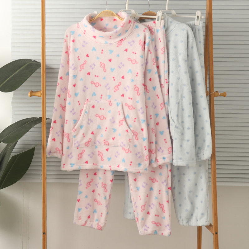 外贸女法兰绒珊瑚绒小半高领护颈长袖长裤睡衣家居服套装保暖秋冬