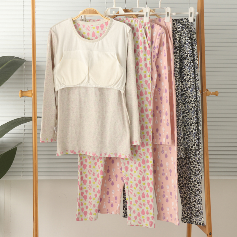 女纯棉带胸垫长袖长裤睡衣秋