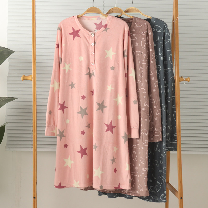 外贸女士薄绒宝宝绒超柔圆领长袖家居服睡衣睡裙裙子睡袍保暖秋冬