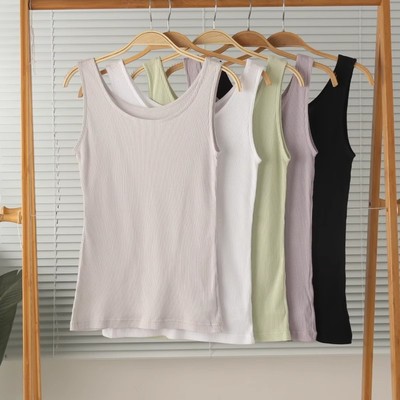 女纯棉坑条薄款宽肩背心家居服夏