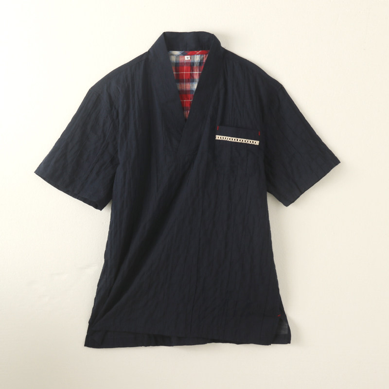 透气~特价外贸男薄款棉麻短袖家居服睡衣上衣清爽和服夏