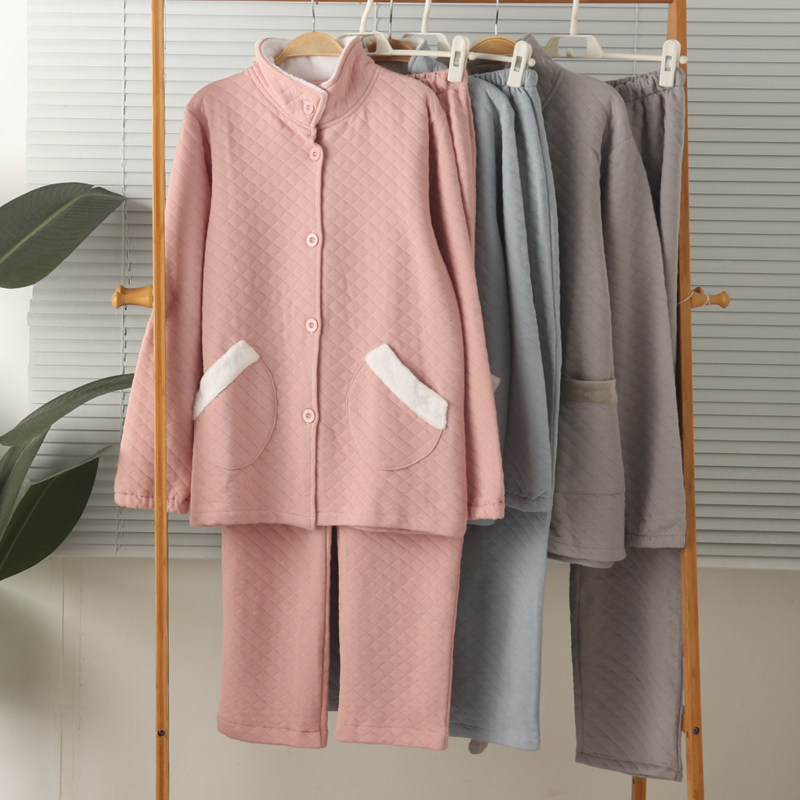 情侣男女纯棉空气层夹棉开身长袖长裤睡衣家居服套装保暖秋冬大码