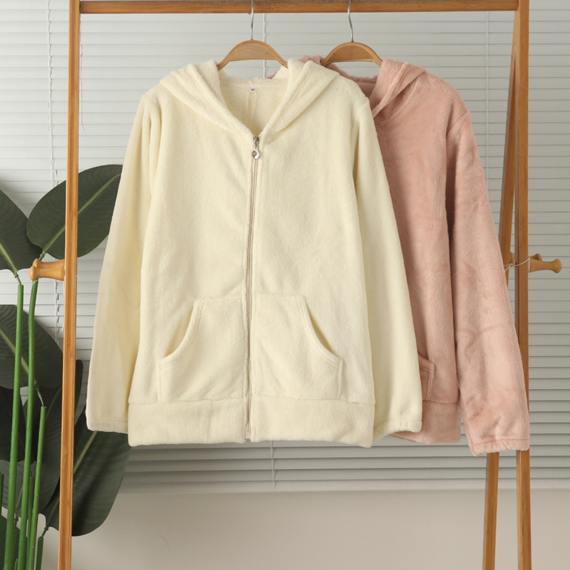 特价女法兰绒珊瑚绒长袖开身家居服上衣睡衣带帽外套保暖冬