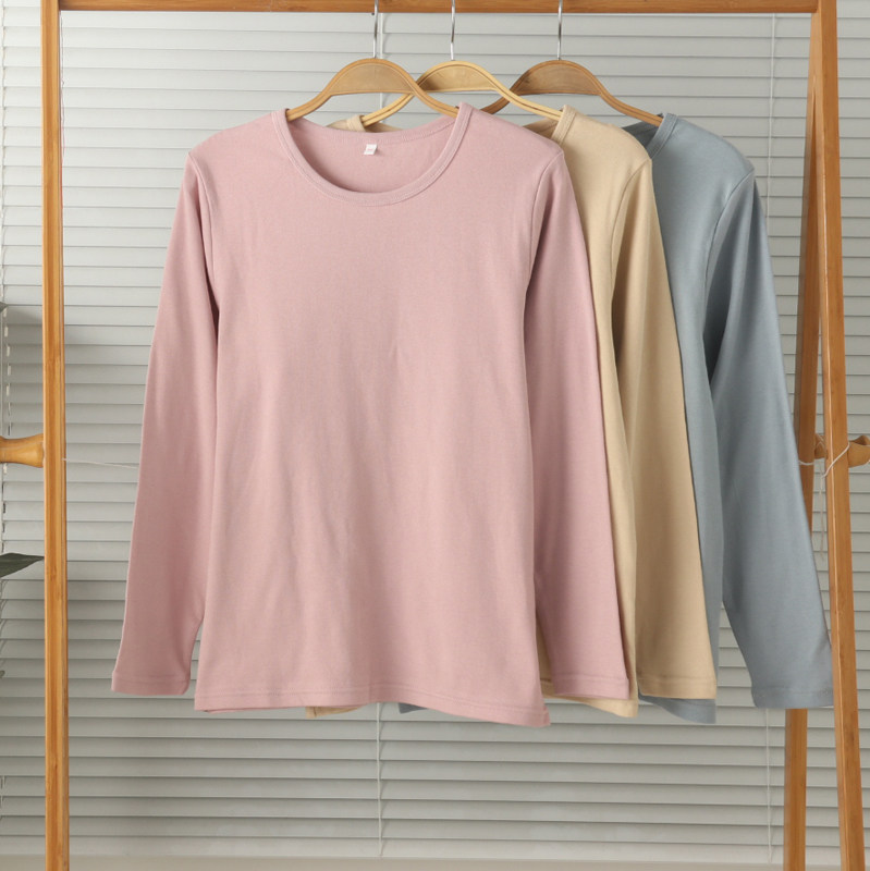 女士纯棉圆领长袖秋衣打底衫保暖内衣秋冬大码家居服睡衣