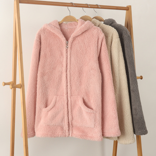 外贸女士加厚珊瑚绒舒棉绒长袖家居服睡衣上衣连帽外套外穿保暖冬