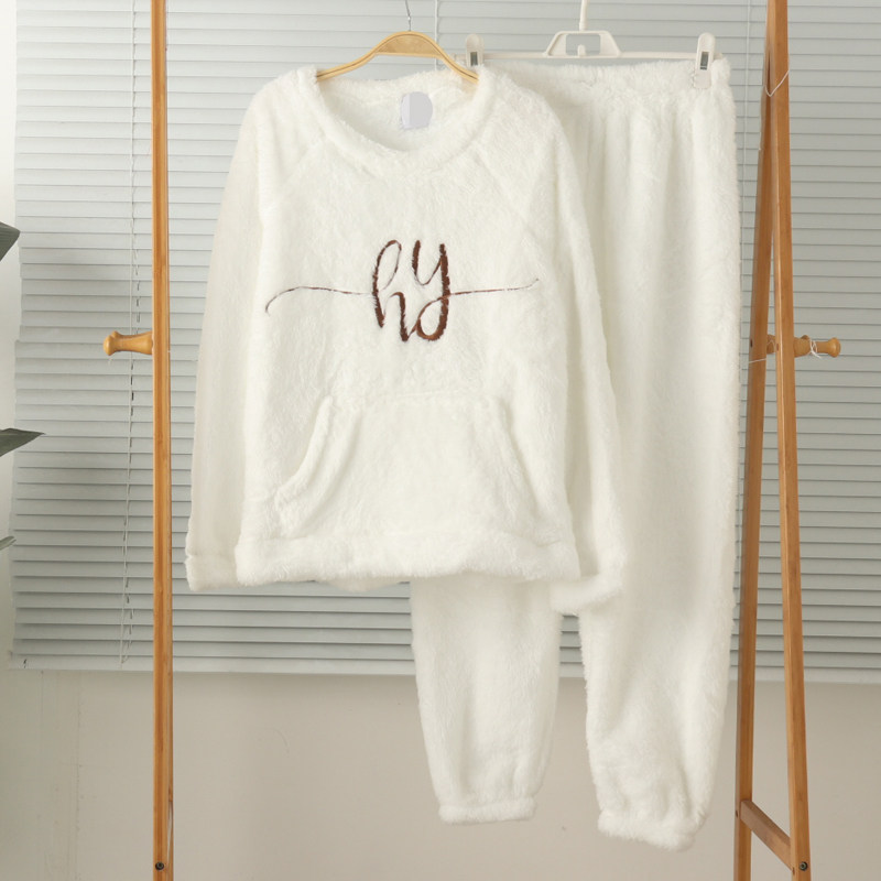 女加厚珊瑚绒长袖长裤睡衣保暖冬