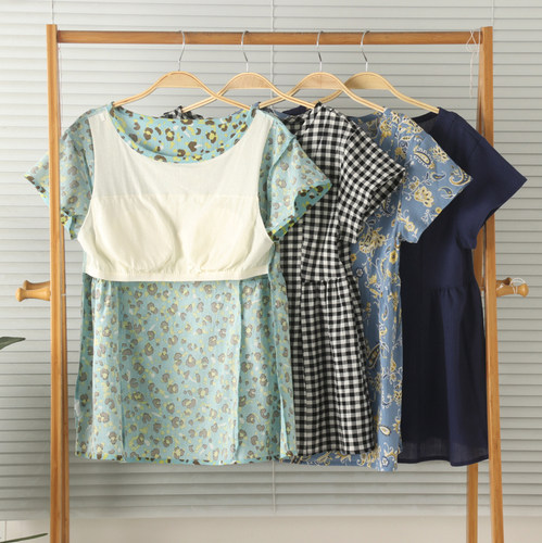 女纯棉杨柳皱带胸垫家居服睡衣夏