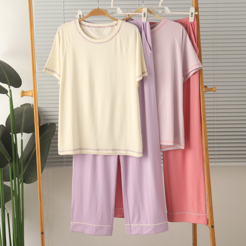 女纯棉薄款短袖长裤睡衣家居服夏