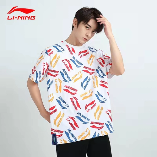 Li Ning, летняя дышащая хлопковая быстросохнущая футболка подходит для мужчин и женщин для влюбленных, короткий рукав, круглый воротник