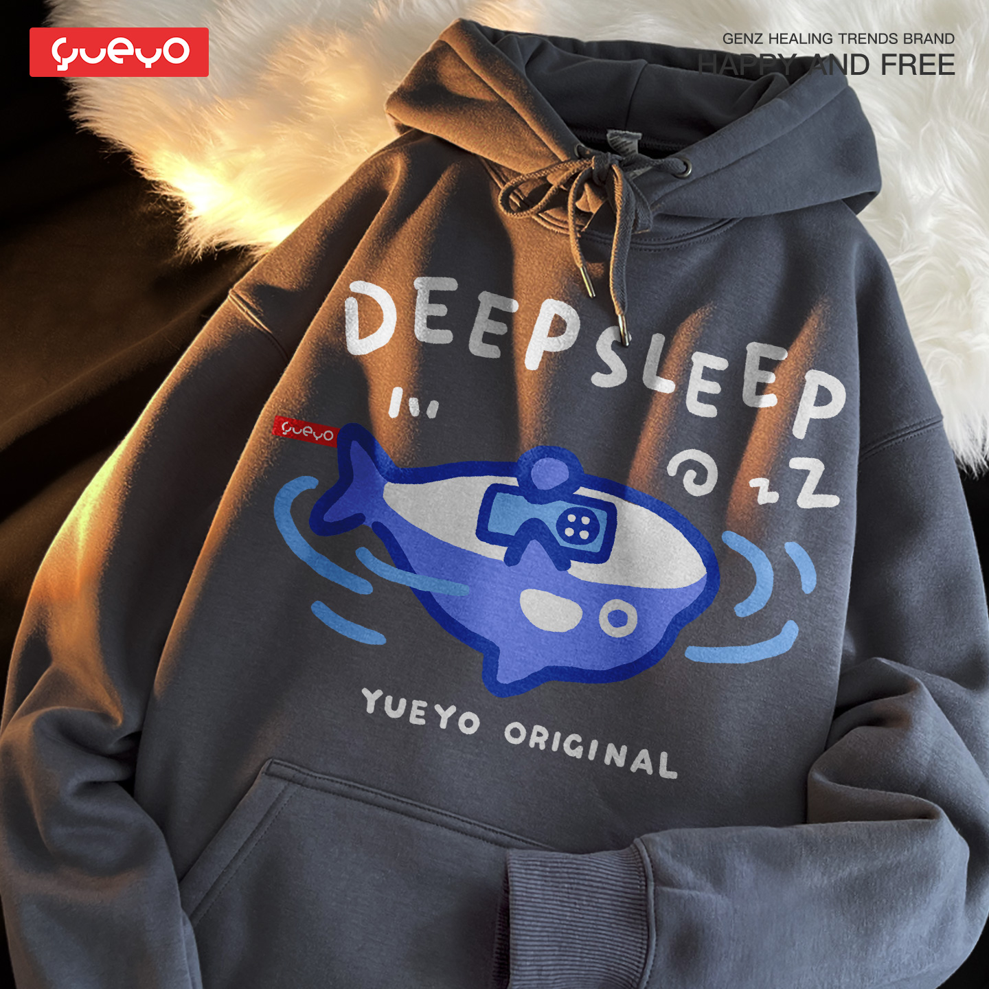 悦游 deep sleep 宽松连帽卫衣男休闲原创潮流卡通深度睡眠鲨鲸