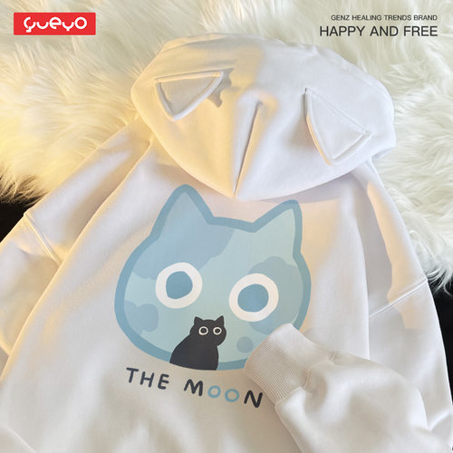 月亮黑猫悦游日系加绒开衫连帽