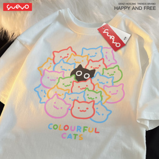 夏季 悦游 宽松短袖 潮流夏季 t恤男黑猫可爱卡通趣味原创 多彩猫头
