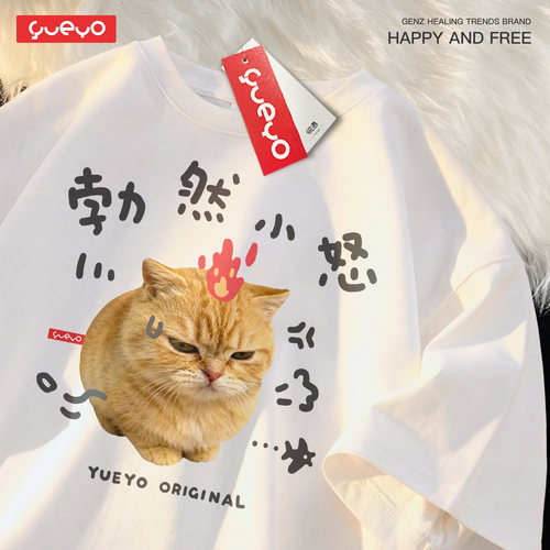 悦游 勃然小怒 橘猫纯棉短袖T恤男原创搞笑猫咪印花宽松潮流上衣