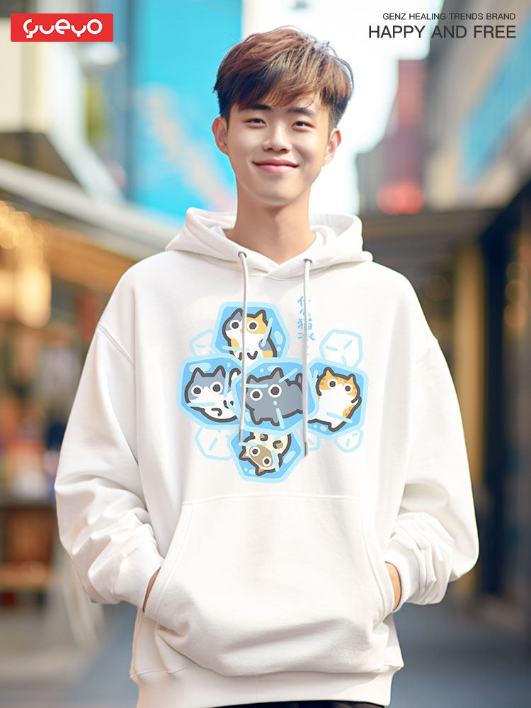 YUEYOU WHAT CAT ICE 2024 가을 고양이 귀 유니섹스 풀오버 프린트 스웨터 남성용 귀여운 일본 루즈 탑
