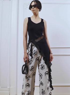 PROFI11ZERO设计感荷叶边不对称针织女蕾丝背心上衣设计师品牌