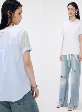 Profi11zero2025条纹衬衫拼接蕾丝边女宽松体恤tee小众设计师品牌