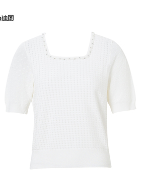 【商场同款】迪图2025夏季方领上衣女小香风精致泡泡袖白色针织衫