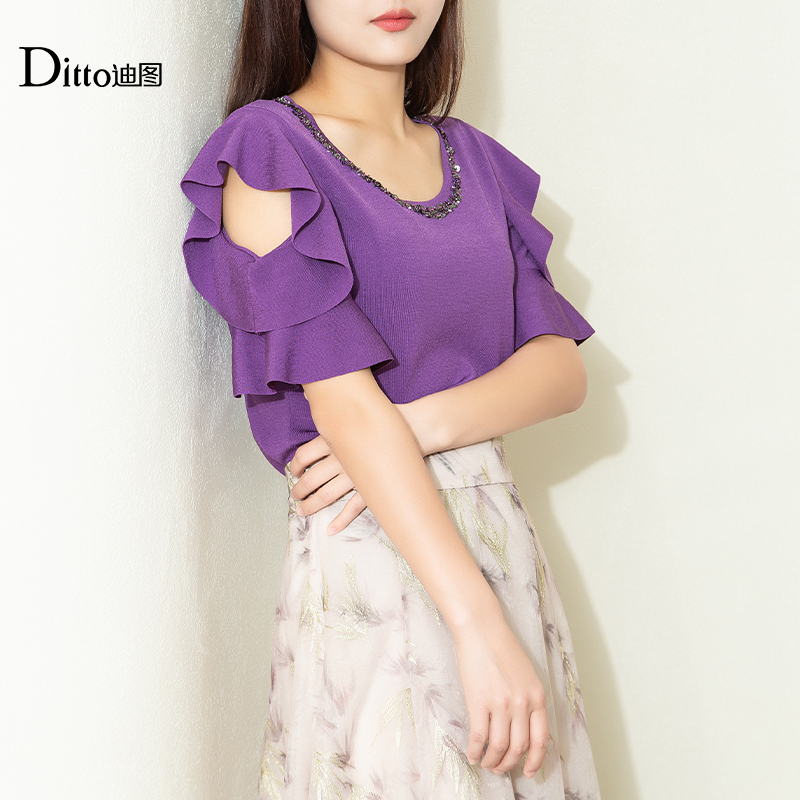 迪图短袖露肩荷叶边针织衫