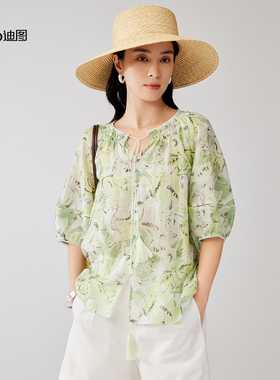 Ditto/迪图2025秋季新款碎花设计感时尚显瘦系带百搭印花短袖上衣