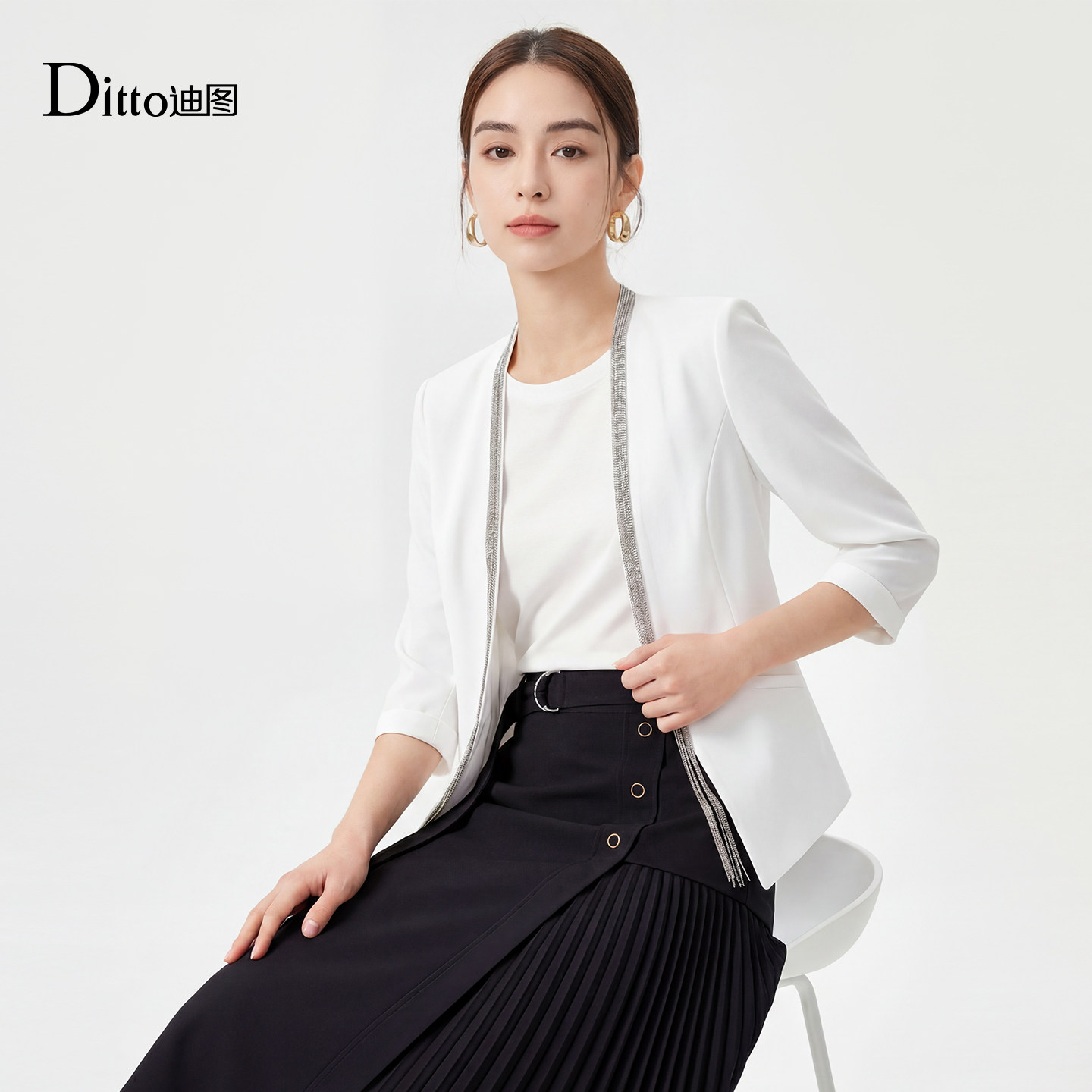 ditto高级感醋酸西装外套女长袖优雅气质时尚职场通勤七分袖西服