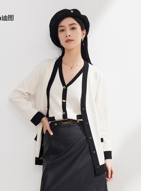 Ditto/迪图2025秋新款小香风V领撞色边开衫女时尚贵气感毛衣外套