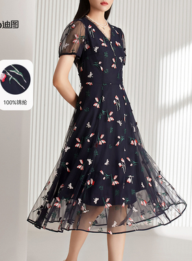 【商场同款】迪图2025夏季法式绣花连衣裙女V领碎花收腰A字茶歇裙