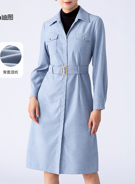 ditto迪图翻领连衣裙女秋长袖系带时尚修身优雅高级感V领中长裙