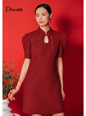 迪图新中式女装国风盘扣手工钉珠旗袍式泡泡袖裙子新年红色连衣裙