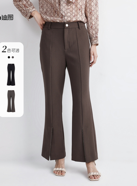 【抗皱易打理】迪图2025春高腰微喇裤女士时尚黑色休闲裤宽松长裤