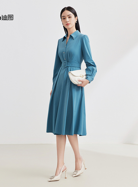 Ditto/迪图2025秋季新款职场收腰连衣裙女长袖蓝色显白时尚A字裙