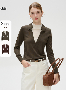 Ditto/迪图2025秋季新款毛衣时尚简约设计感撞色V领纯羊毛上衣女