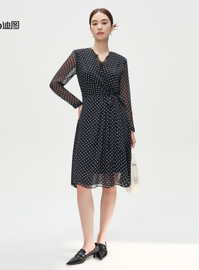 Ditto/迪图2026春季新款法式优雅时髦经典黑色波点V领女士连衣裙