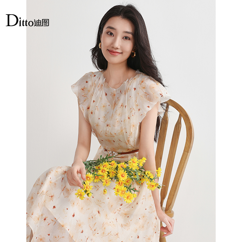 迪图荷叶边印花连衣裙中长款夏