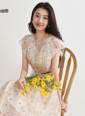 【商场同款】迪图2025夏季碎花长裙新款法式荷叶边优雅掐腰连衣裙