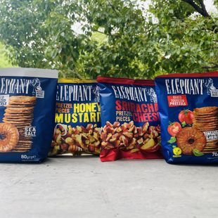 到4月ELEPHANT PRETZELS罗马尼亚阿乐芬族蜂蜜芥末/番茄香草脆饼