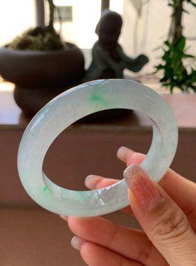 【小陈翡翠】缅甸天然翡翠A货冰飘绿花53-54正圈翡翠手镯