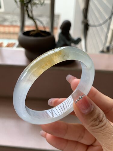 【小陈翡翠】缅甸天然翡翠A货冰种飘黄翡飘兰花55贵妃翡翠手镯