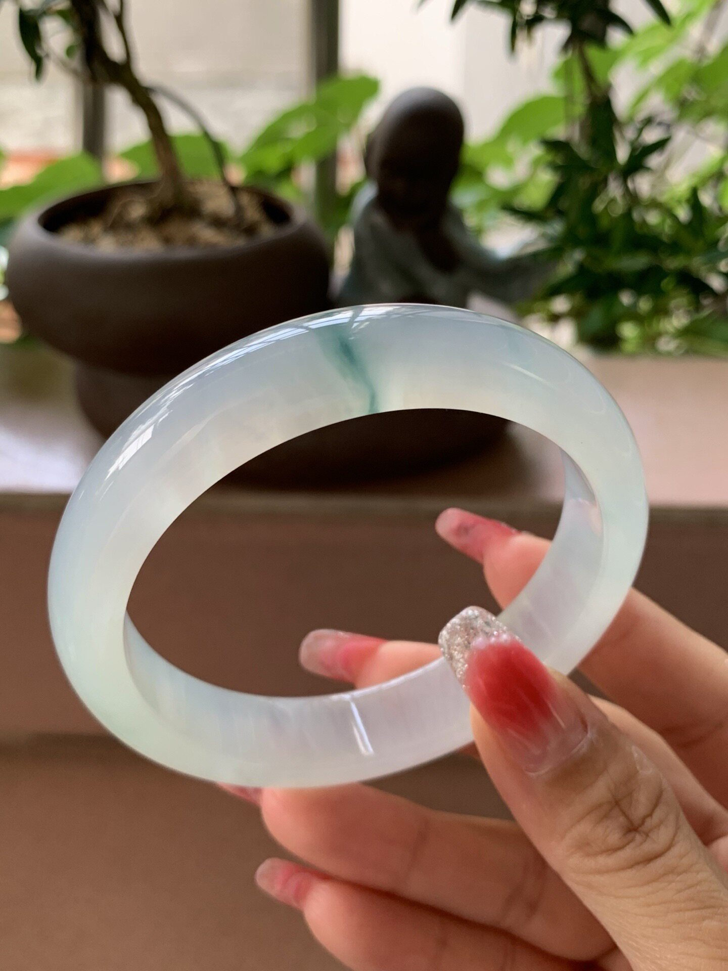 【小陈翡翠】缅甸天然翡翠A货冰种飘花60-61大圈口正圈翡翠手镯