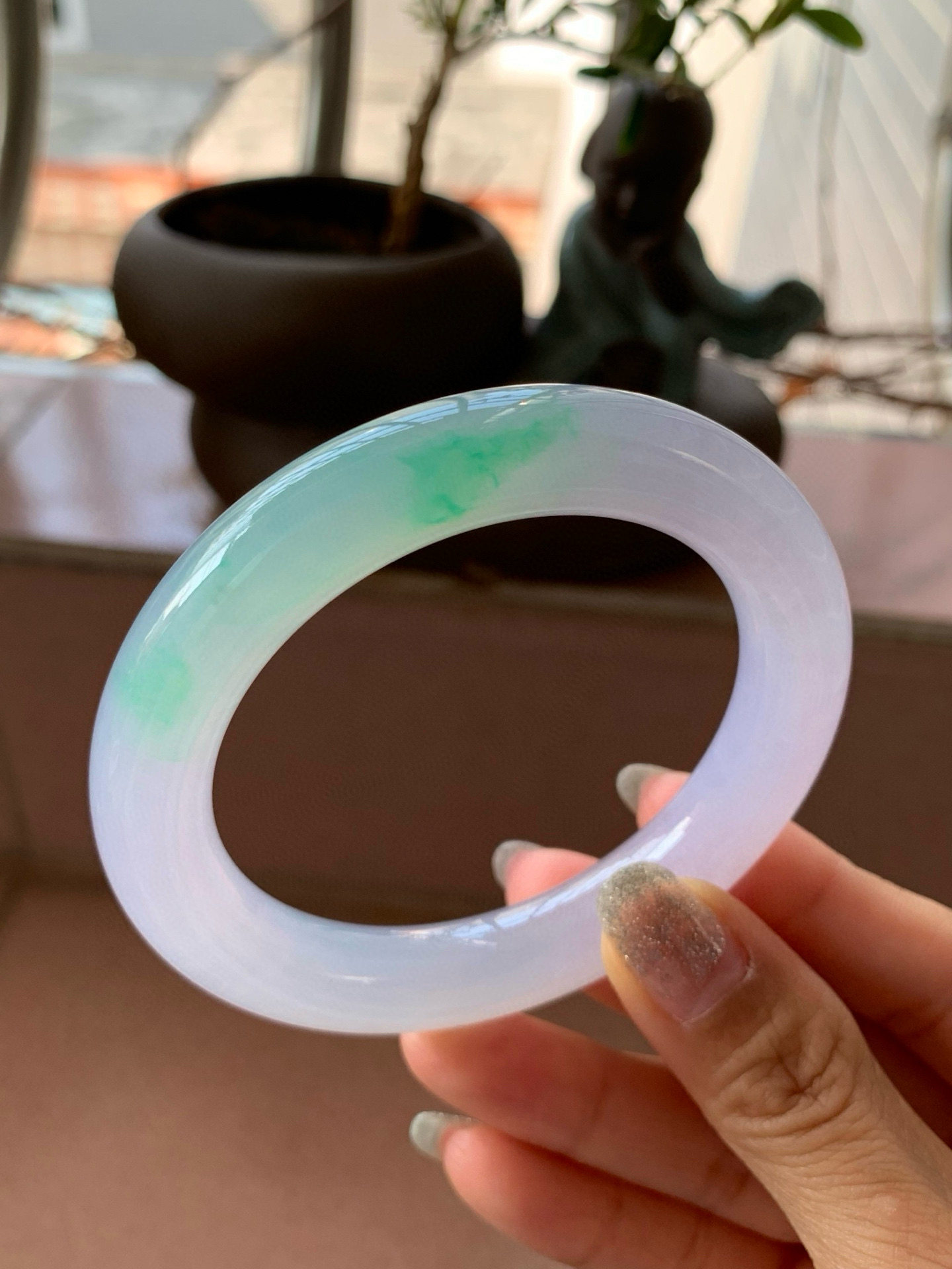 【小陈翡翠】缅甸天然翡翠A货冰粉紫飘绿花春彩56-57圆条翡翠手镯